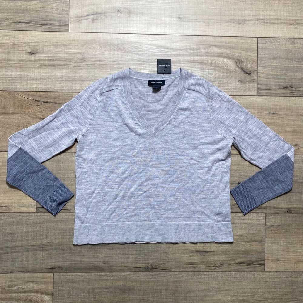 Club Monaco Womens Zaydie Wool Sweater V Neck Color‎ Block Sleeves Size XS Gray
